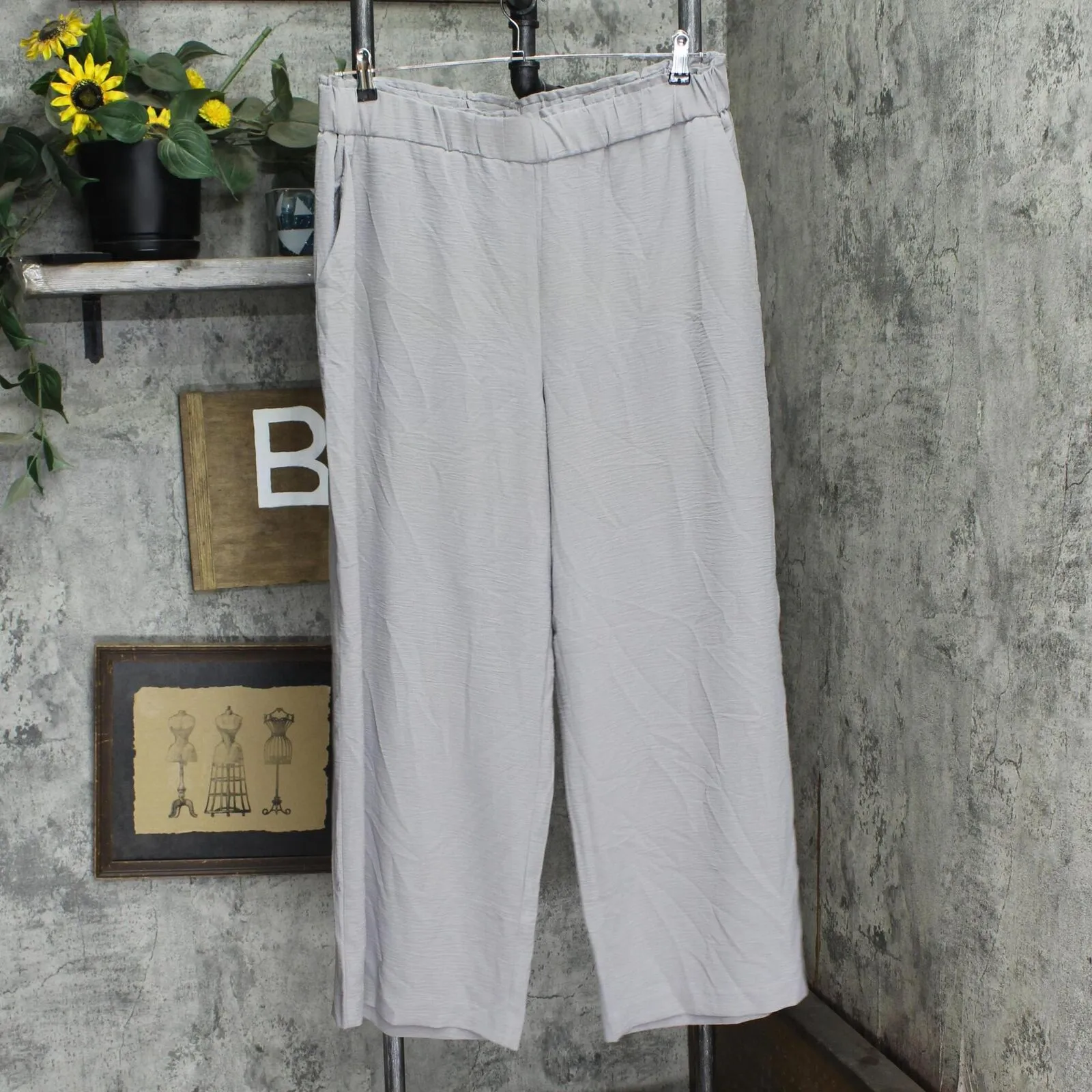 Hilary Radley Womens Wide Leg Crinkle Pants With Elasticwaistband Gray XL