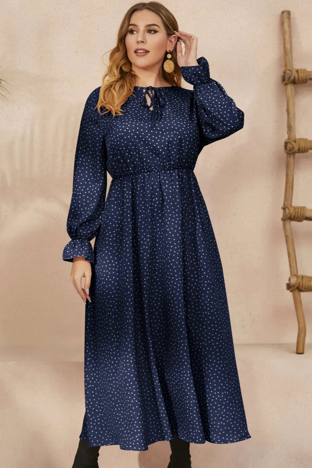 Honey Plus Size Ruffled Polka Dot Long Sleeve Midi Dress