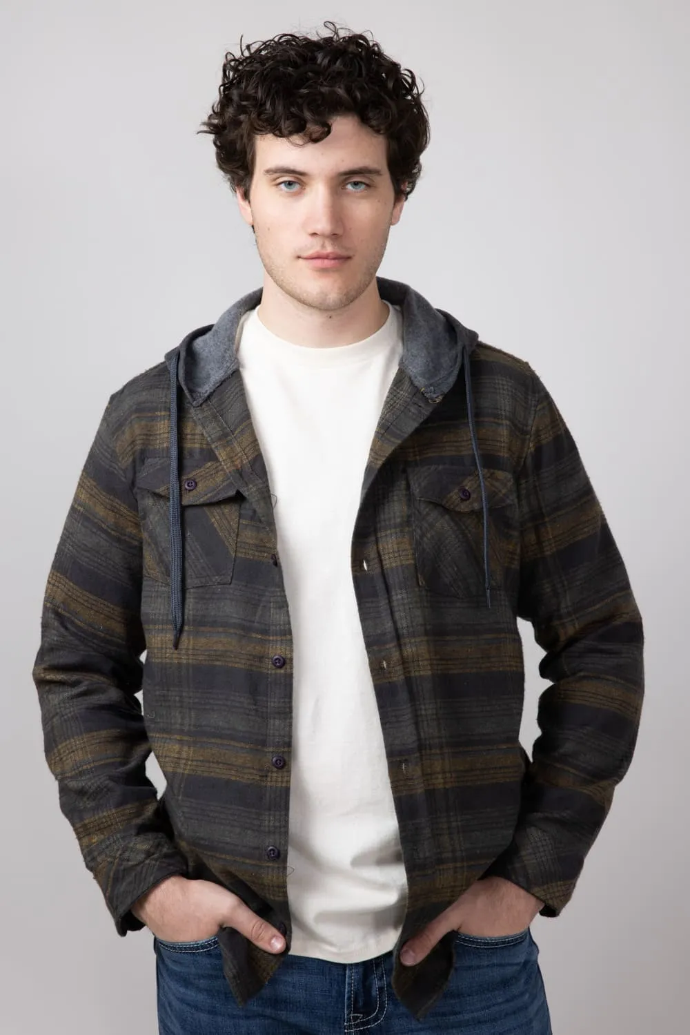 Hooded Plaid Flannel Shirt for Men in Heather Charcoal | TQ8299GL-HEATHERCHARCOAL