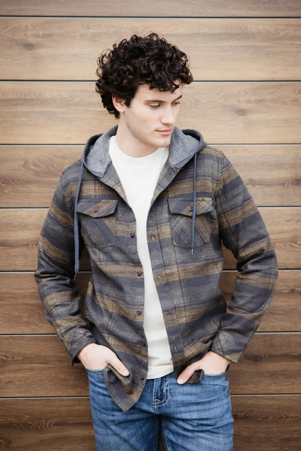 Hooded Plaid Flannel Shirt for Men in Heather Charcoal | TQ8299GL-HEATHERCHARCOAL