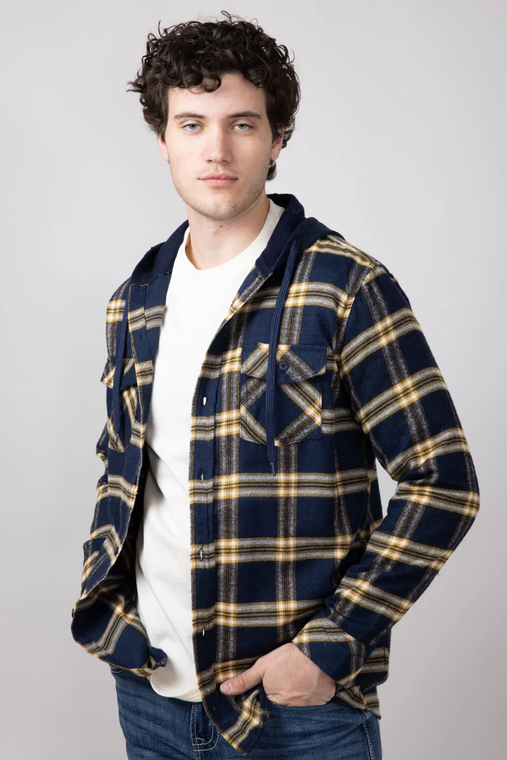 Hooded Plaid Flannel Shirt for Men in Navy | TQ8299GL-NAVY