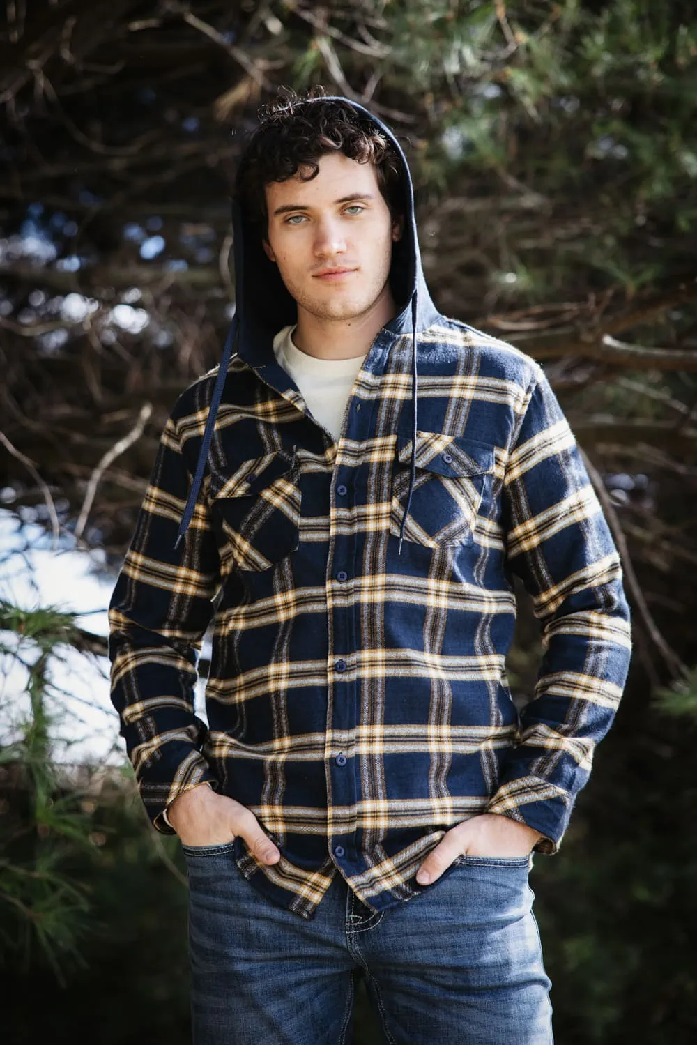 Hooded Plaid Flannel Shirt for Men in Navy | TQ8299GL-NAVY