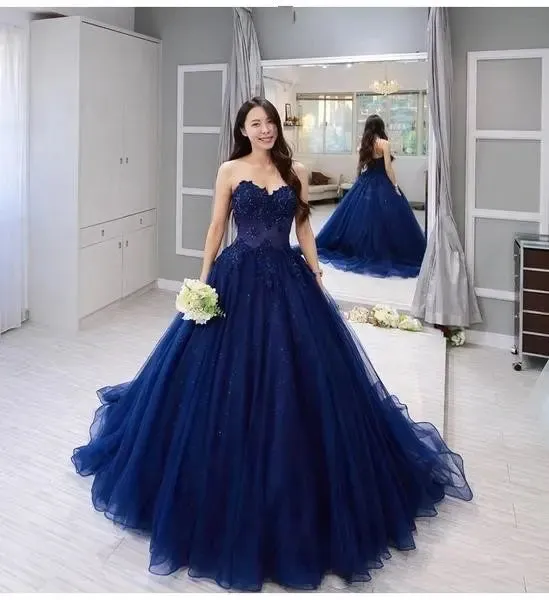 Hot 2024 Navy Blue Quinceanera Dresses For 15 Party  Lace Applique Tulle Prom Dress