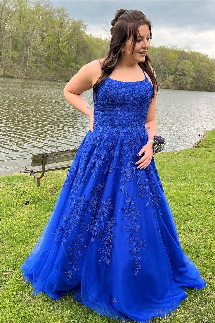 Hot 2024 Royal Blue Lace Applique Prom Dresses A Line Long UK Evening Gown