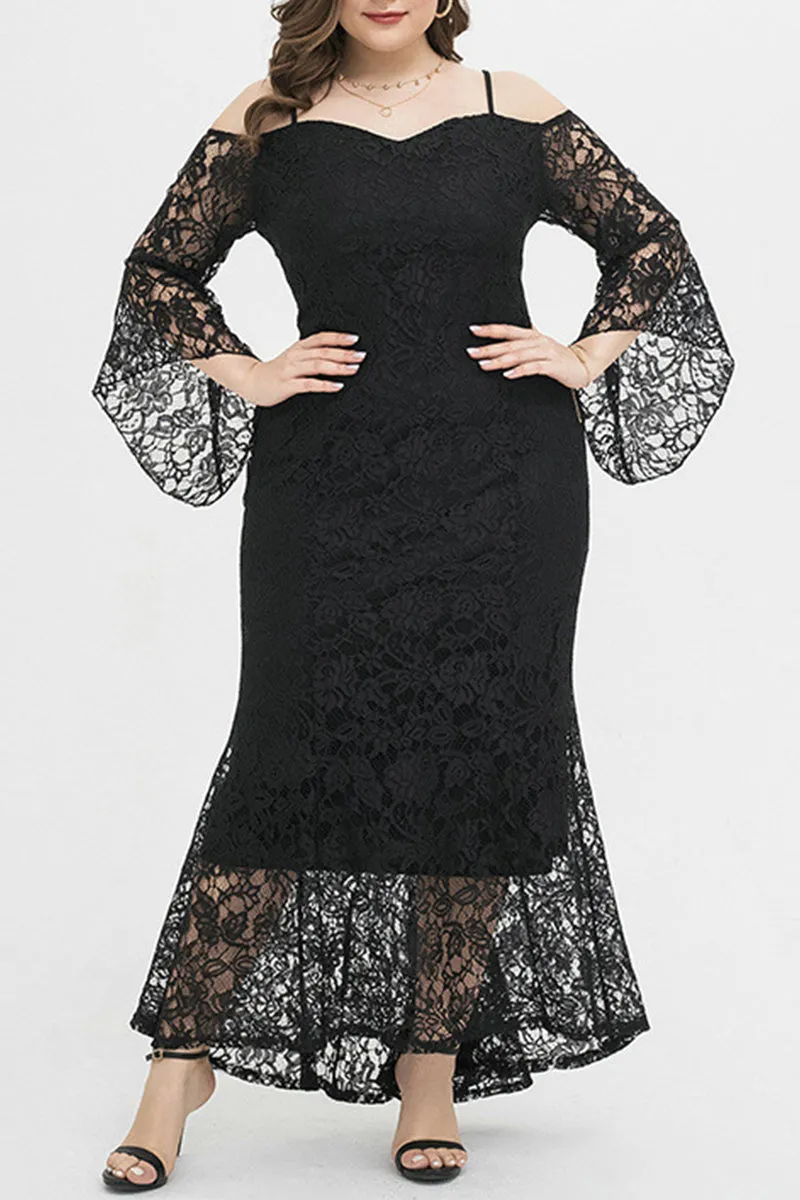 hulianfu Celebrities Elegant Solid Lace Off the Shoulder Irregular Dress Plus Size Dresses