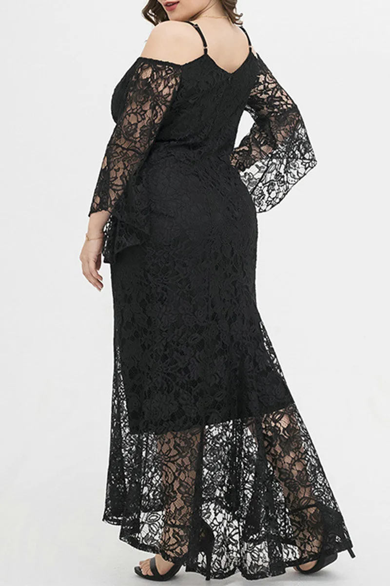 hulianfu Celebrities Elegant Solid Lace Off the Shoulder Irregular Dress Plus Size Dresses