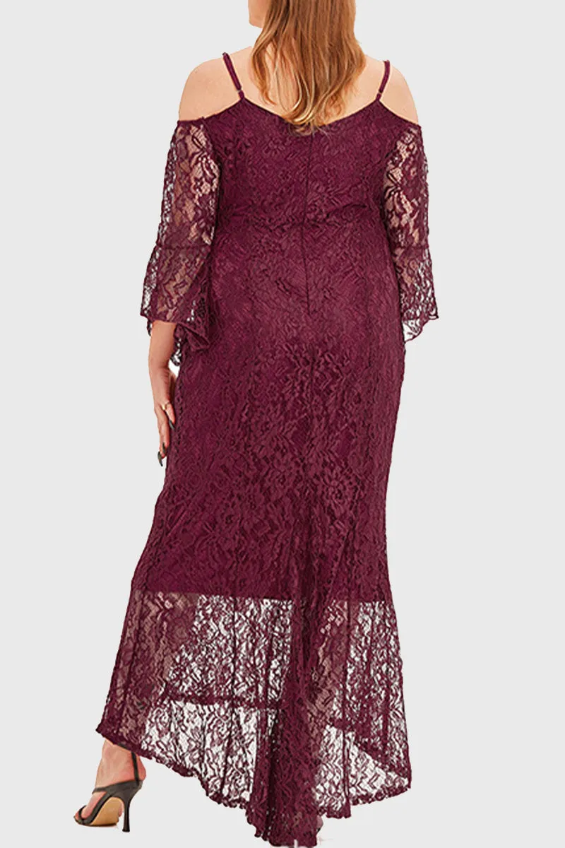 hulianfu Celebrities Elegant Solid Lace Off the Shoulder Irregular Dress Plus Size Dresses