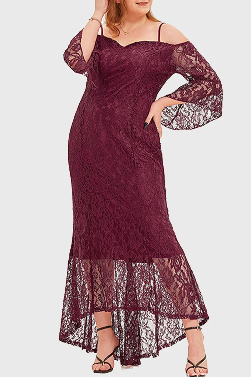 hulianfu Celebrities Elegant Solid Lace Off the Shoulder Irregular Dress Plus Size Dresses