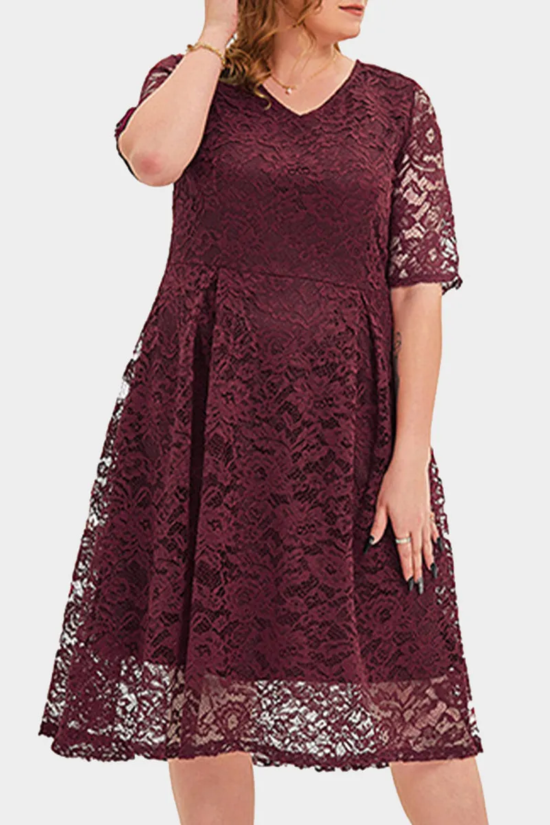 hulianfu Elegant Solid Lace V Neck A Line Plus Size Dresses