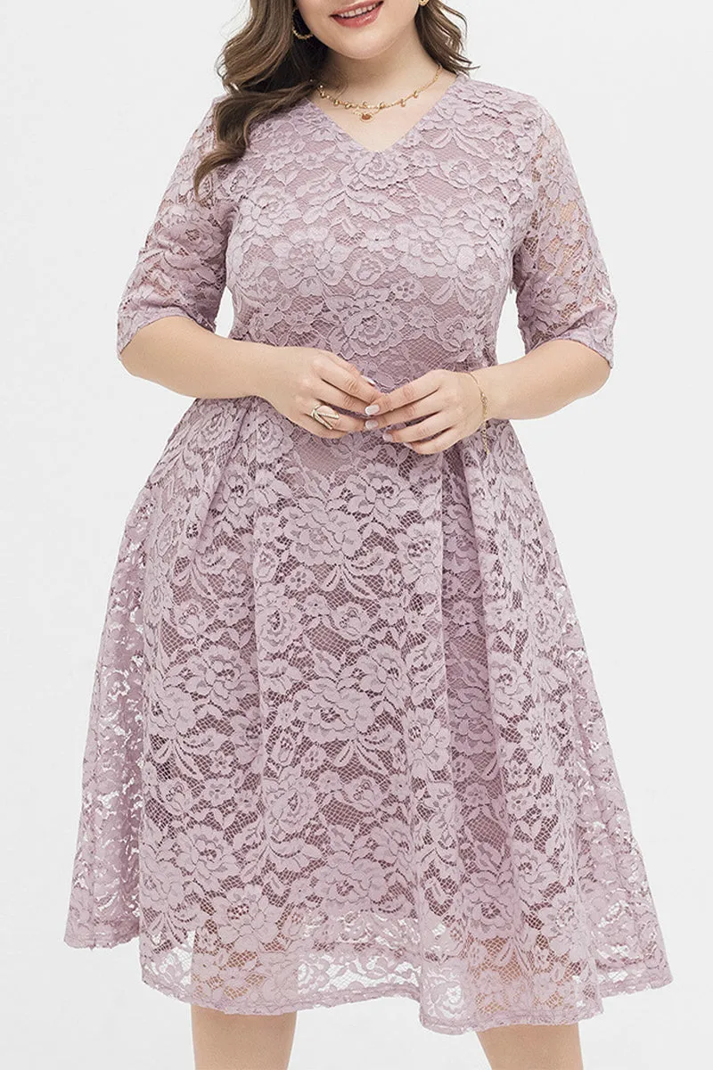 hulianfu Elegant Solid Lace V Neck A Line Plus Size Dresses