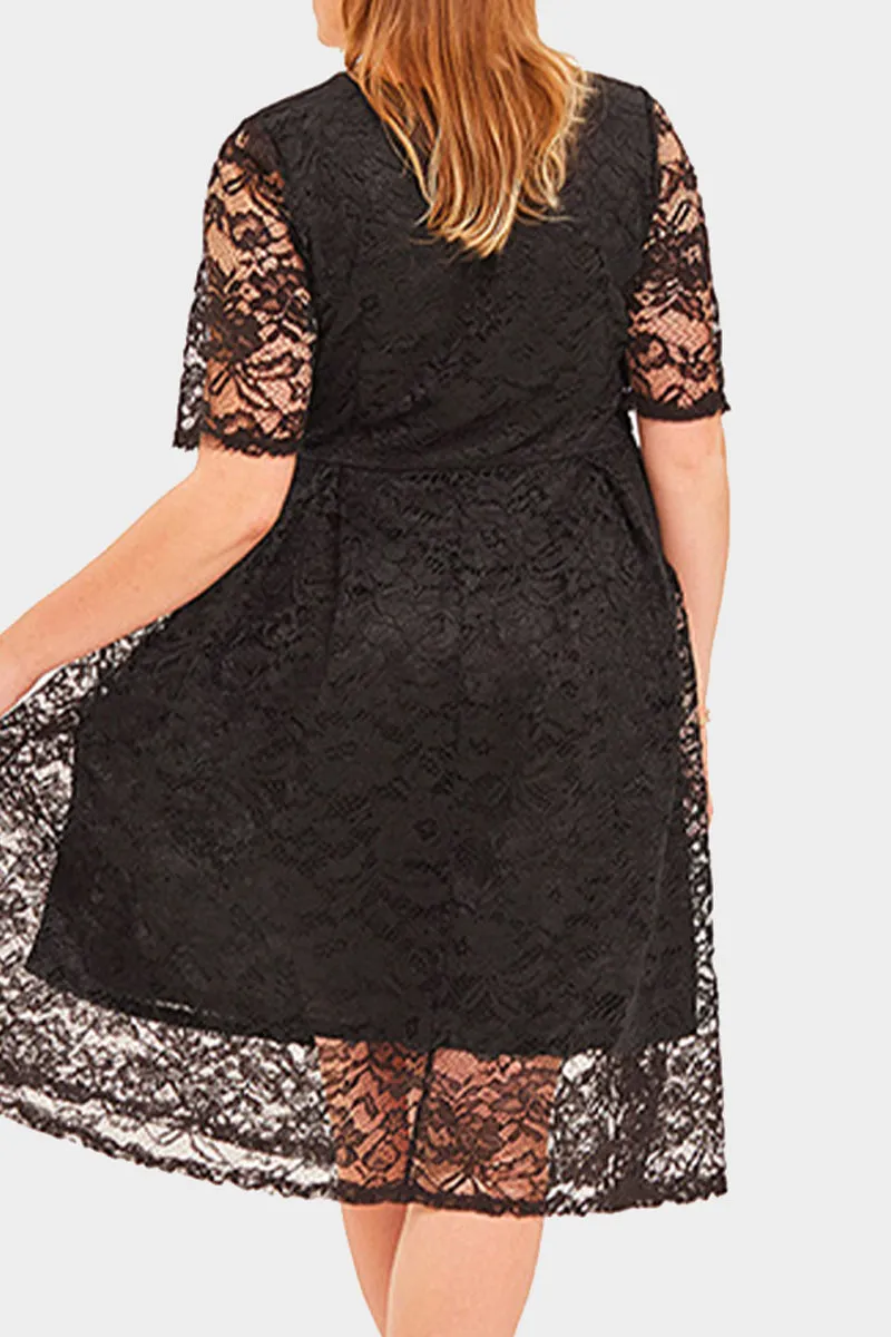 hulianfu Elegant Solid Lace V Neck A Line Plus Size Dresses