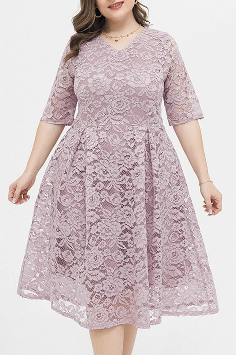 hulianfu Elegant Solid Lace V Neck A Line Plus Size Dresses