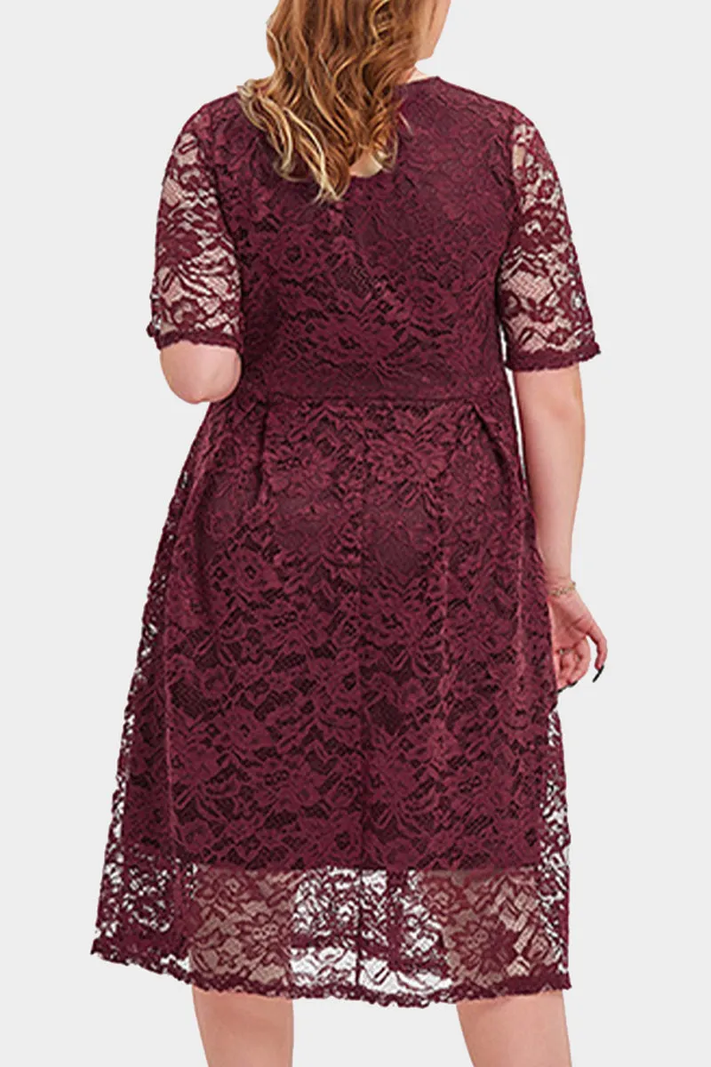 hulianfu Elegant Solid Lace V Neck A Line Plus Size Dresses
