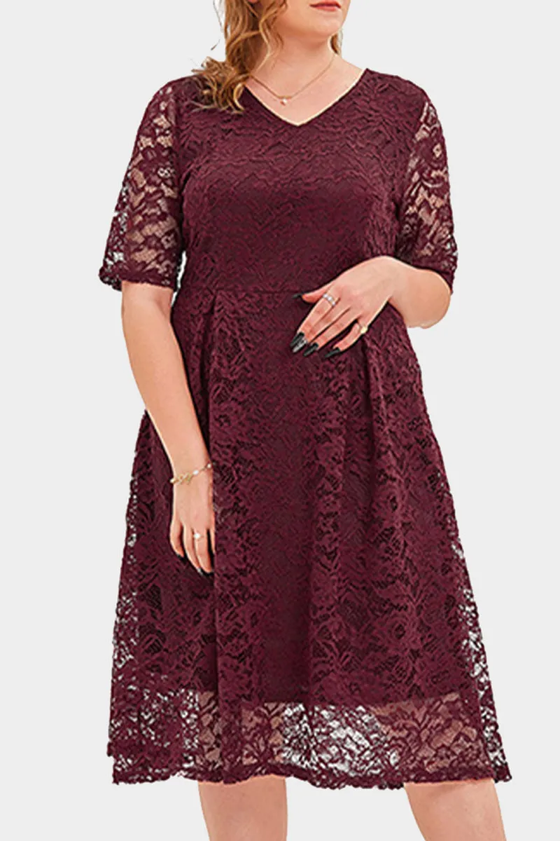 hulianfu Elegant Solid Lace V Neck A Line Plus Size Dresses
