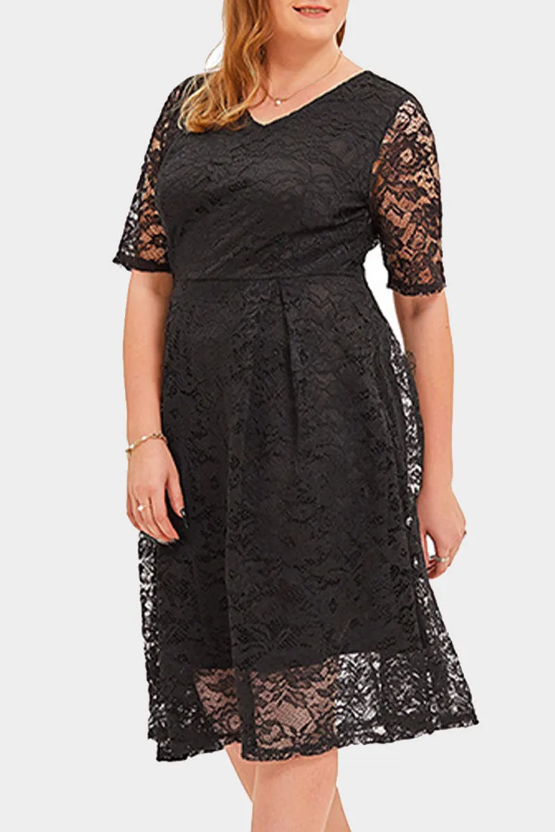 hulianfu Elegant Solid Lace V Neck A Line Plus Size Dresses