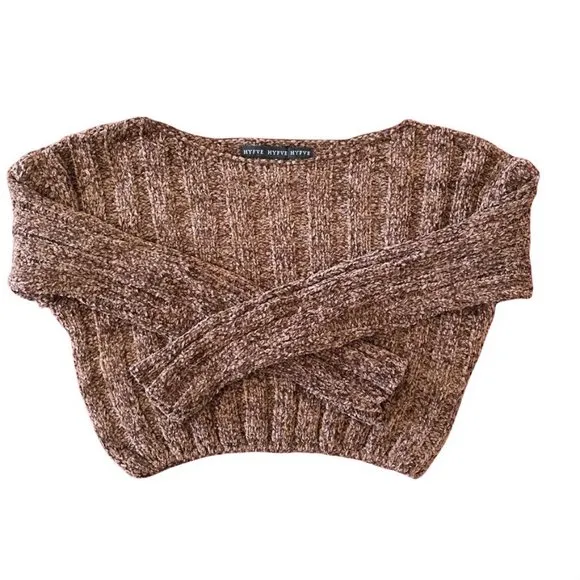HYFVE WOMENS CHOCOLATE BROWN SOFT LONG SLEEVE CROP TOP SWEATER SZ: S/M/L
