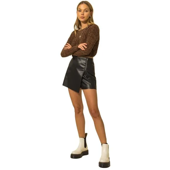 HYFVE WOMENS CHOCOLATE BROWN SOFT LONG SLEEVE CROP TOP SWEATER SZ: S/M/L