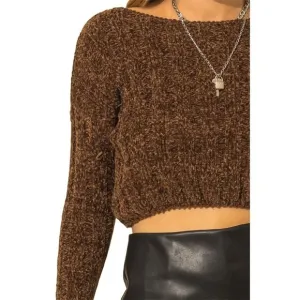 HYFVE WOMENS CHOCOLATE BROWN SOFT LONG SLEEVE CROP TOP SWEATER SZ: S/M/L