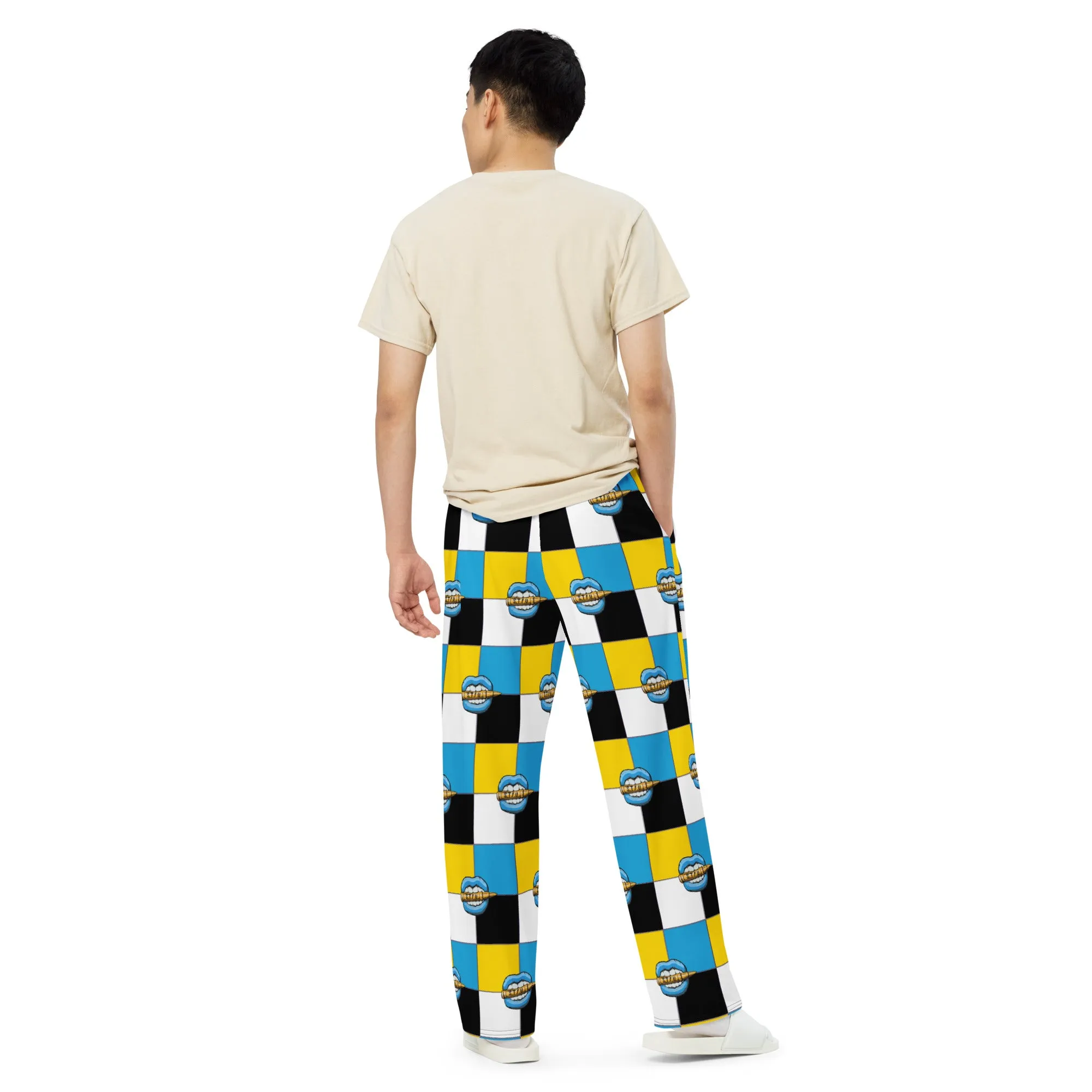 Ice Blue Logo Colorblock Unisex Wide-Leg Pants - Yellow