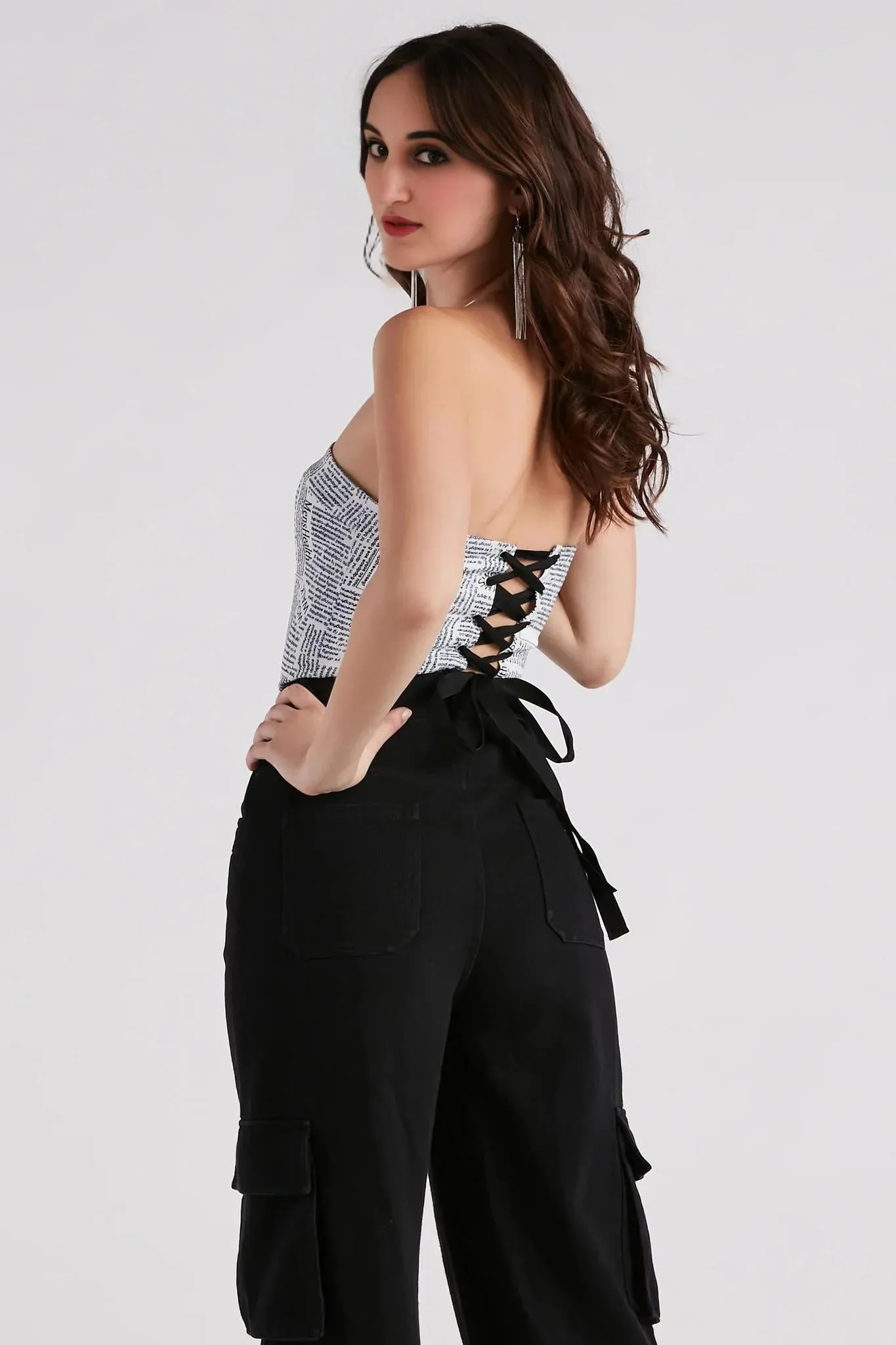 In Other News Lace-Up Newspaper Corset Top