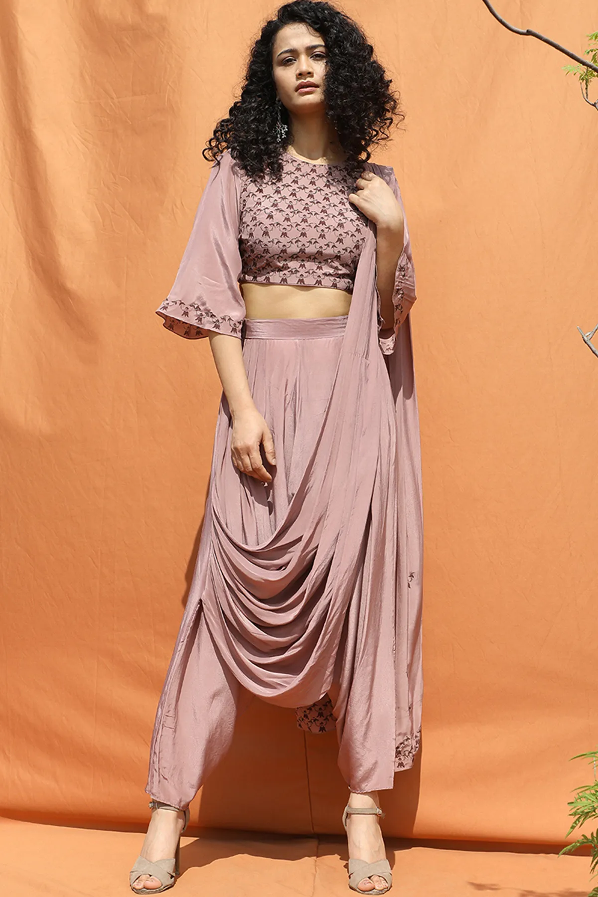 Indo- Western Mauve Block Printed Sari