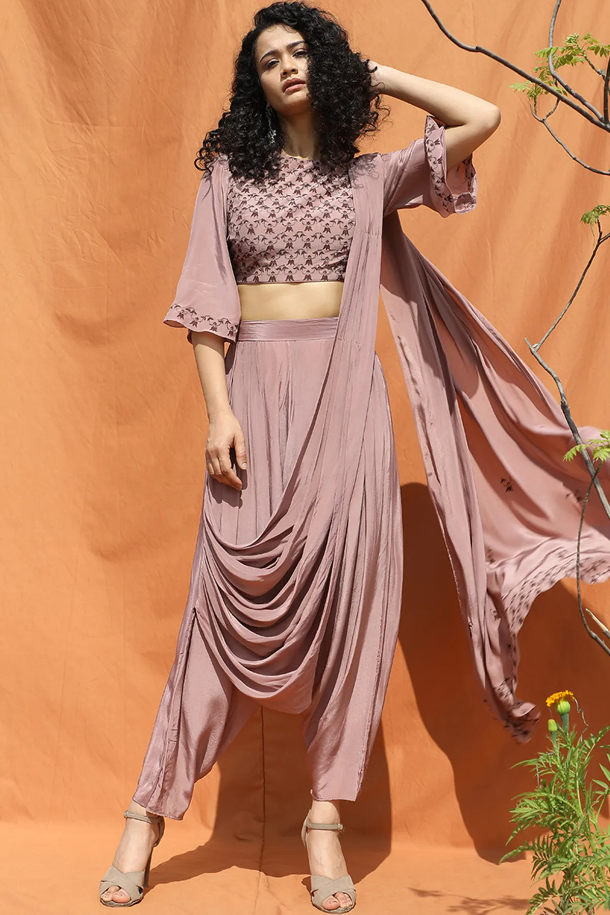 Indo- Western Mauve Block Printed Sari