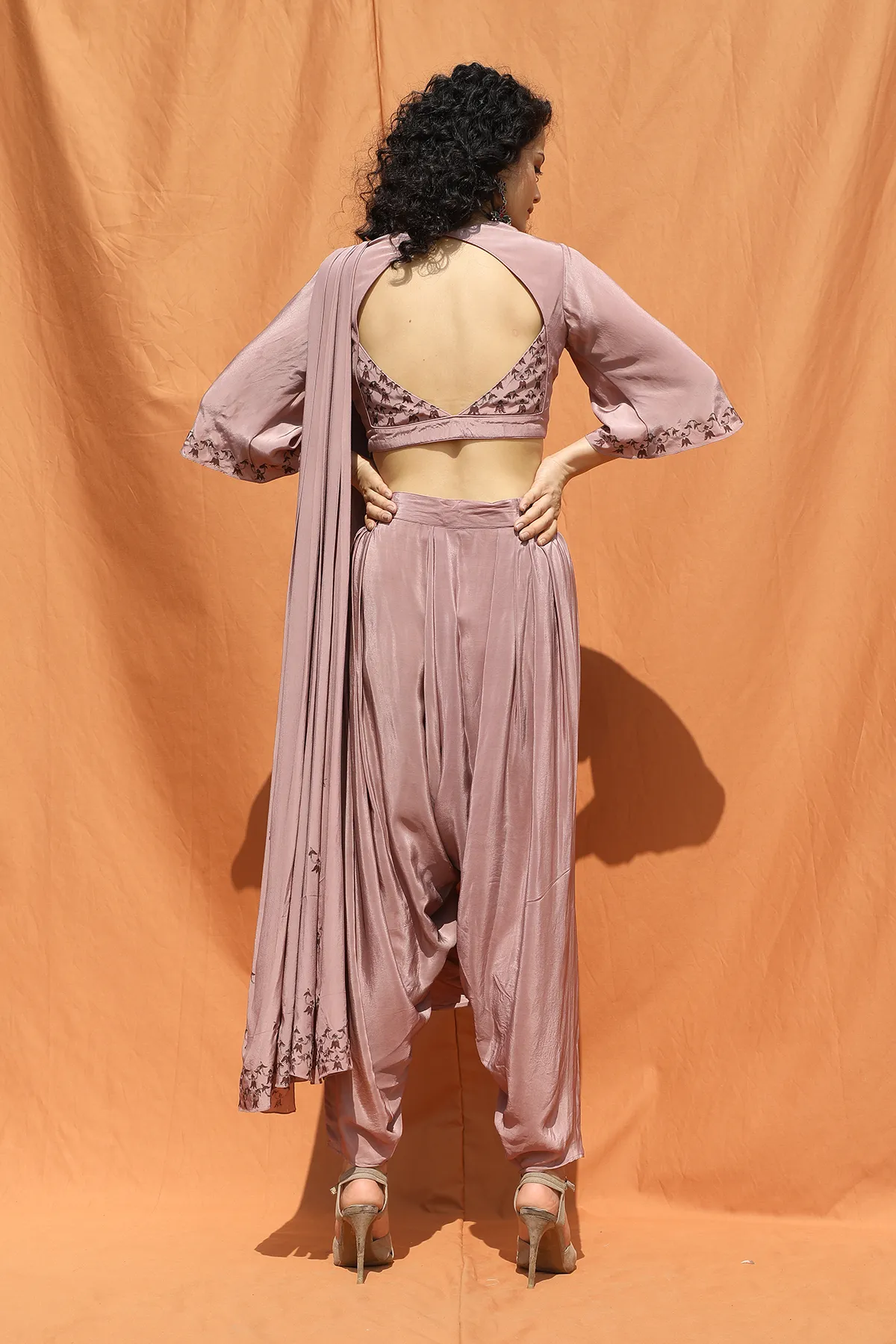 Indo- Western Mauve Block Printed Sari