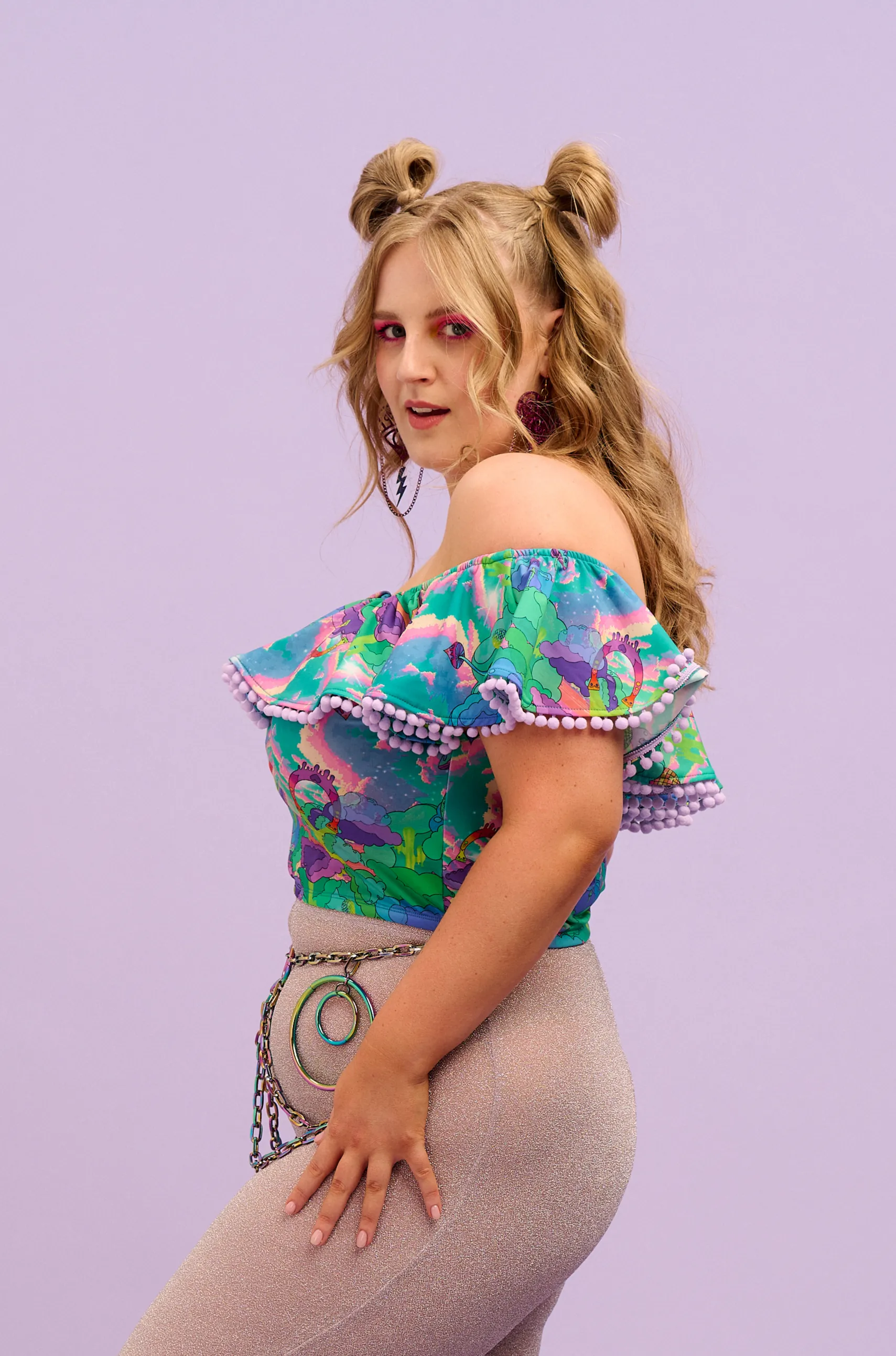 Intergalactic Rodeo Off The Shoulder Pom Pom Frill Top