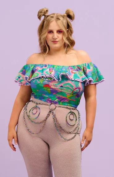 Intergalactic Rodeo Off The Shoulder Pom Pom Frill Top
