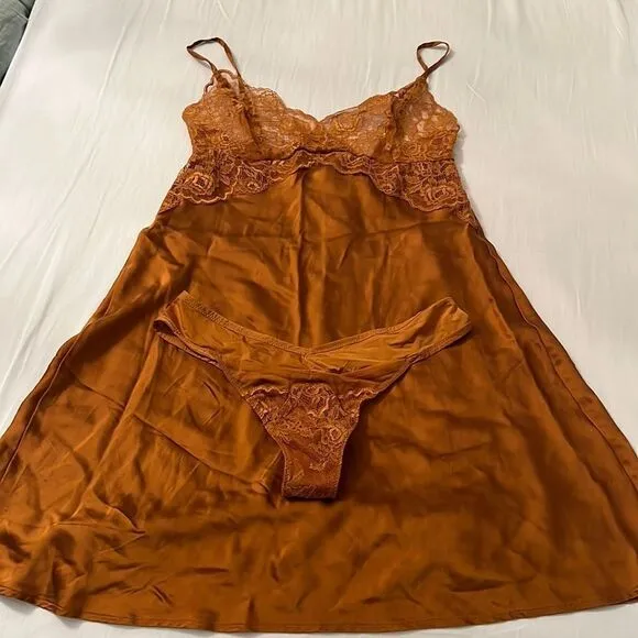 Intimissimi Gold Amber Pure Silk Lace Nightdress Slip Chemise Size S