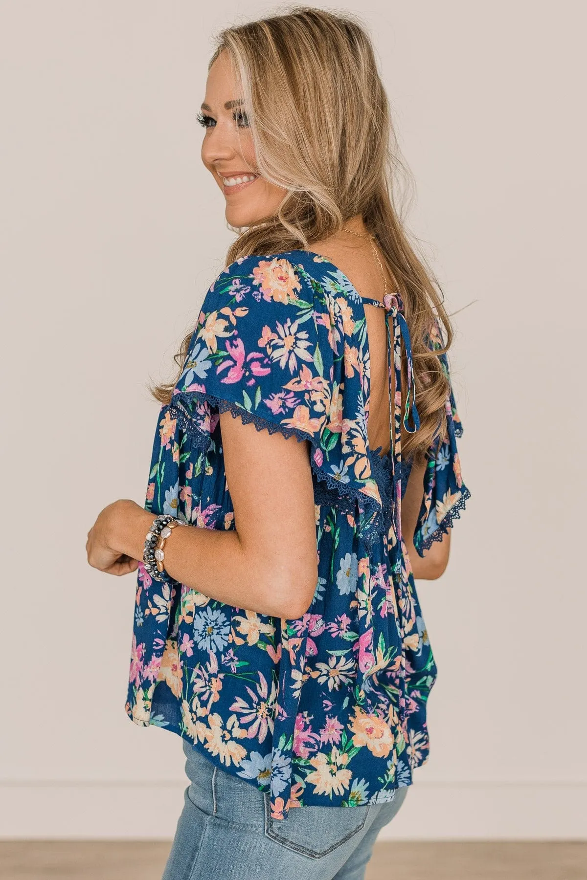 It's A Beautiful Day Floral Blouse- Royal Blue