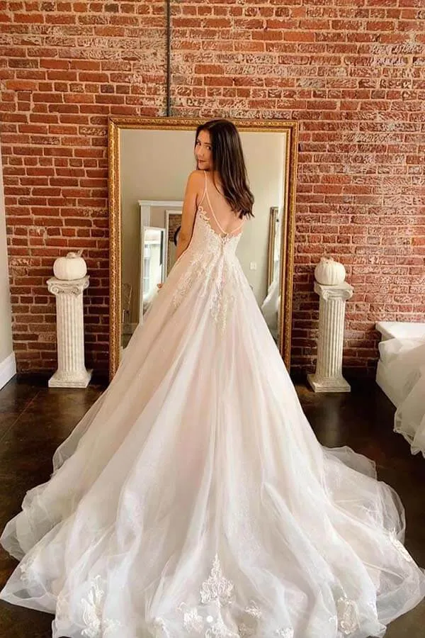 Ivory A-line Tulle Lace V-neck Spaghetti Straps Long Wedding Dresses, MW709