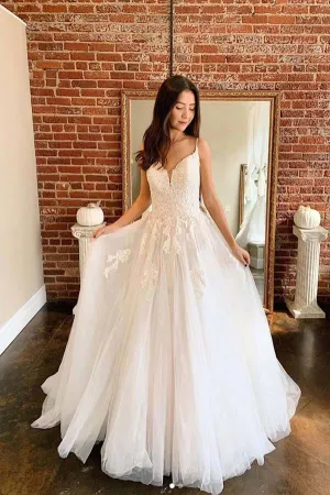 Ivory A-line Tulle Lace V-neck Spaghetti Straps Long Wedding Dresses, MW709