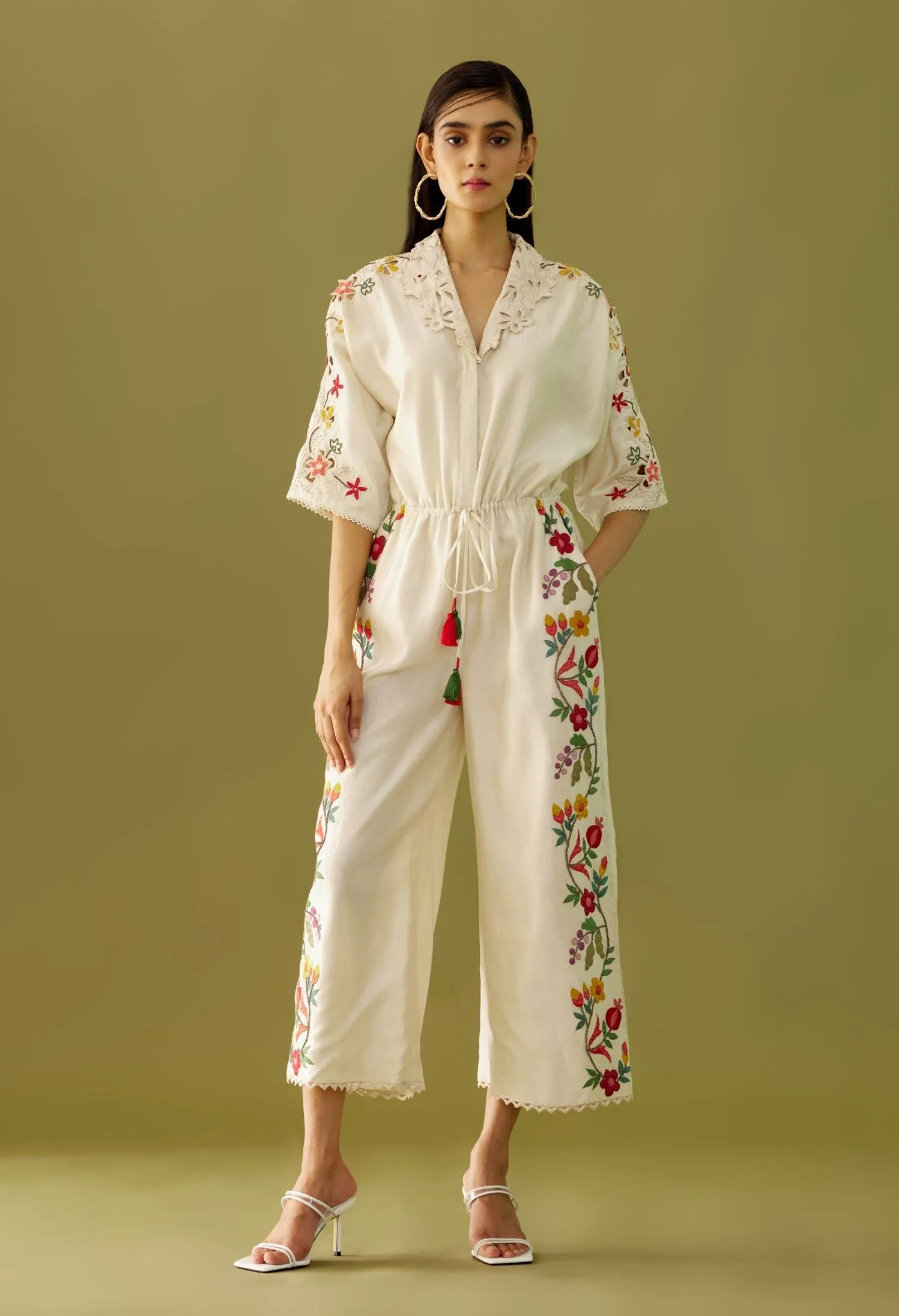 Ivory Applique And Beadwork Jumpsuit