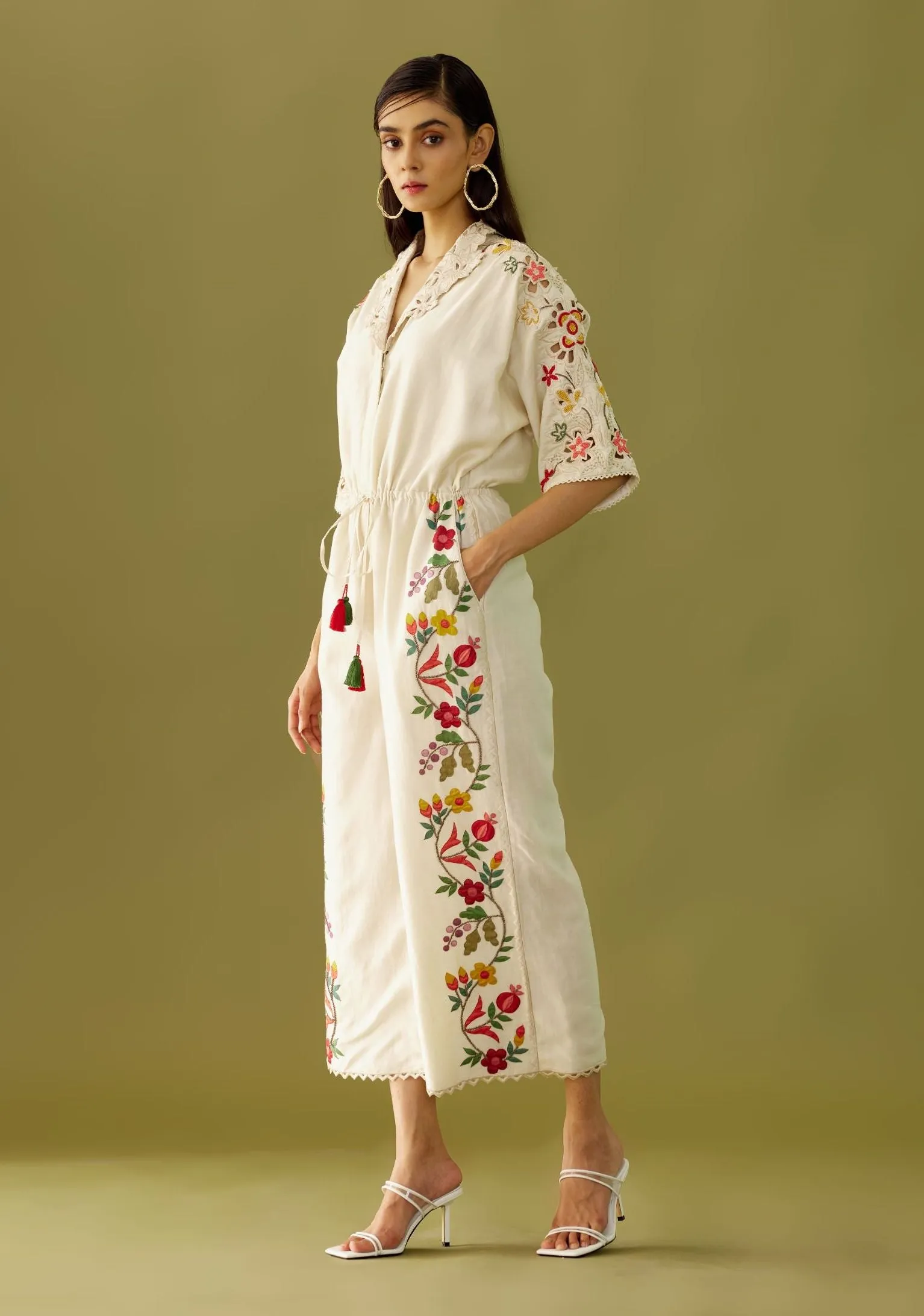 Ivory Applique And Beadwork Jumpsuit