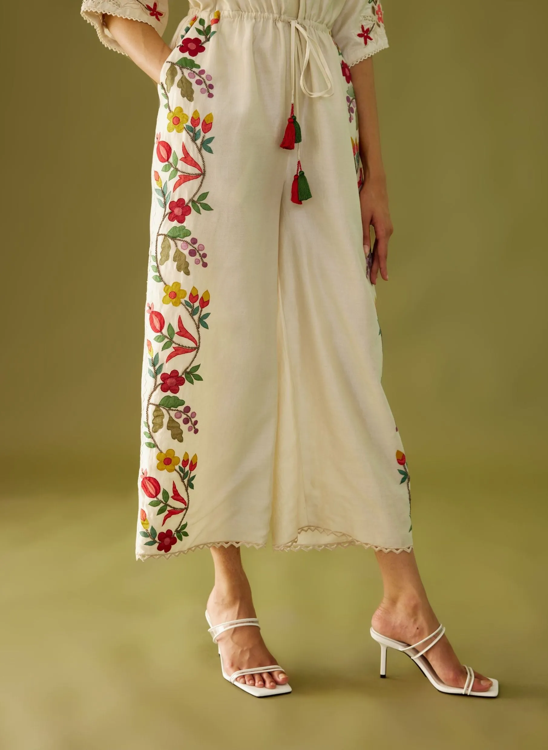 Ivory Applique And Beadwork Jumpsuit
