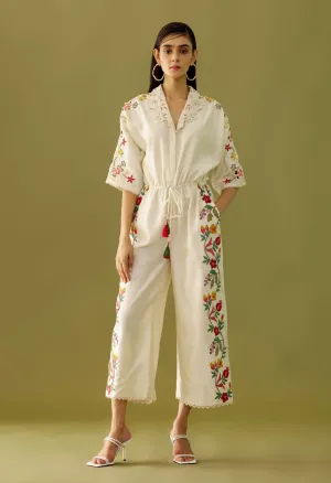 Ivory Applique And Beadwork Jumpsuit
