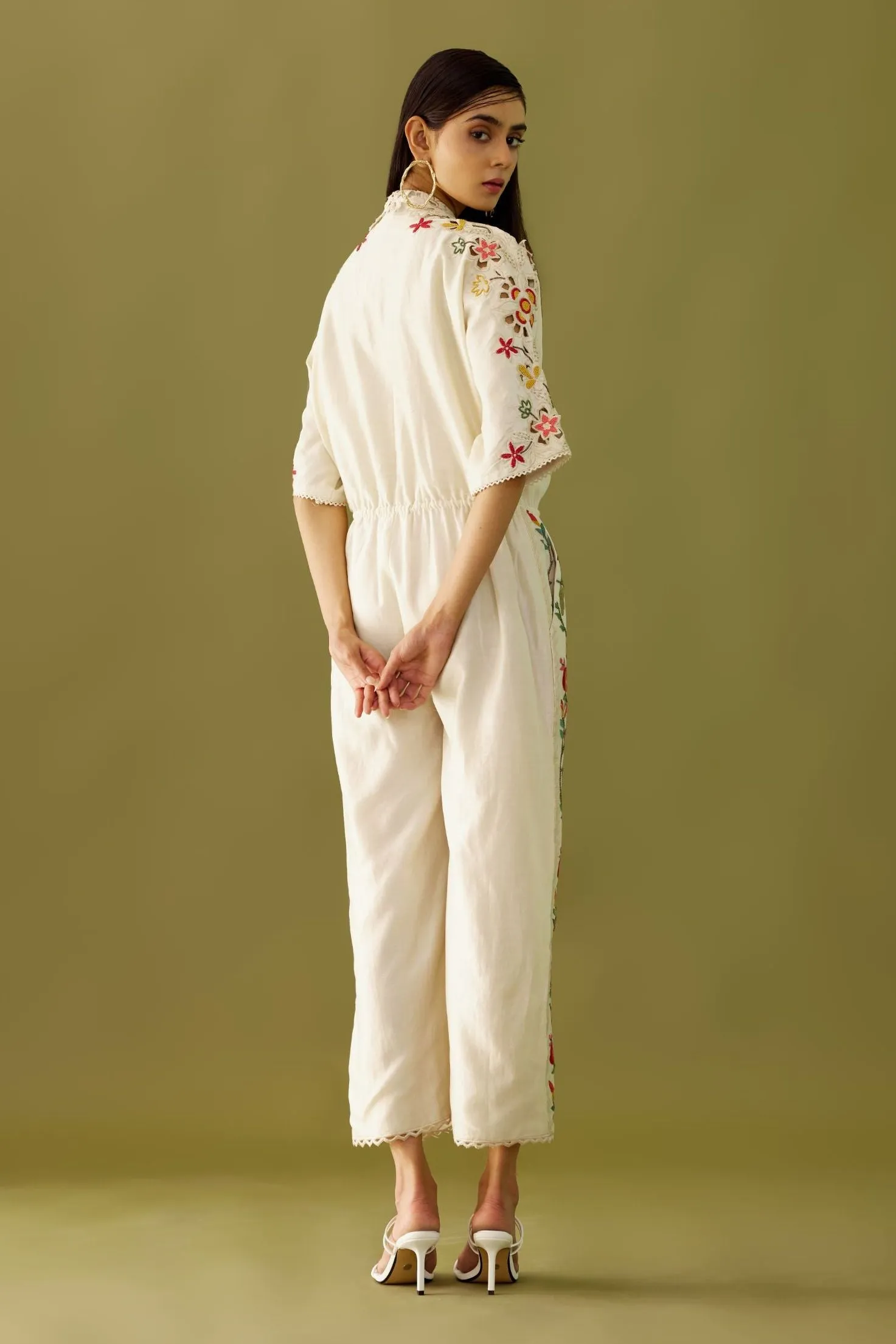 Ivory Applique And Beadwork Jumpsuit