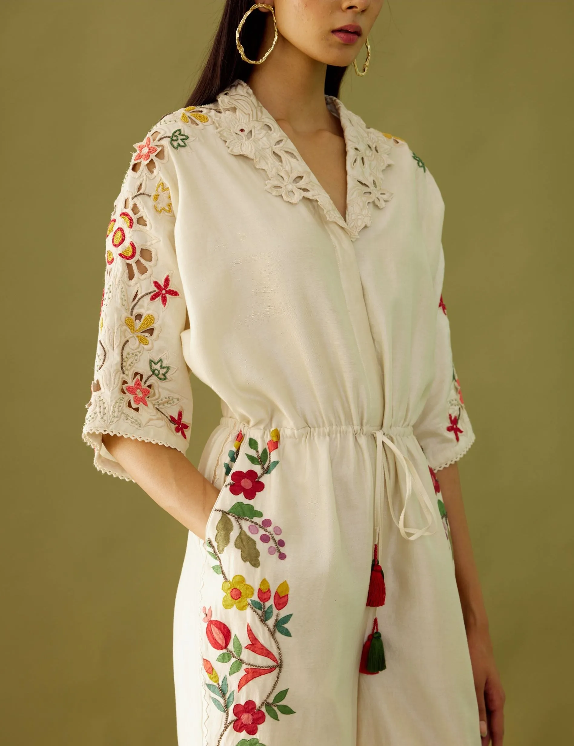 Ivory Applique And Beadwork Jumpsuit