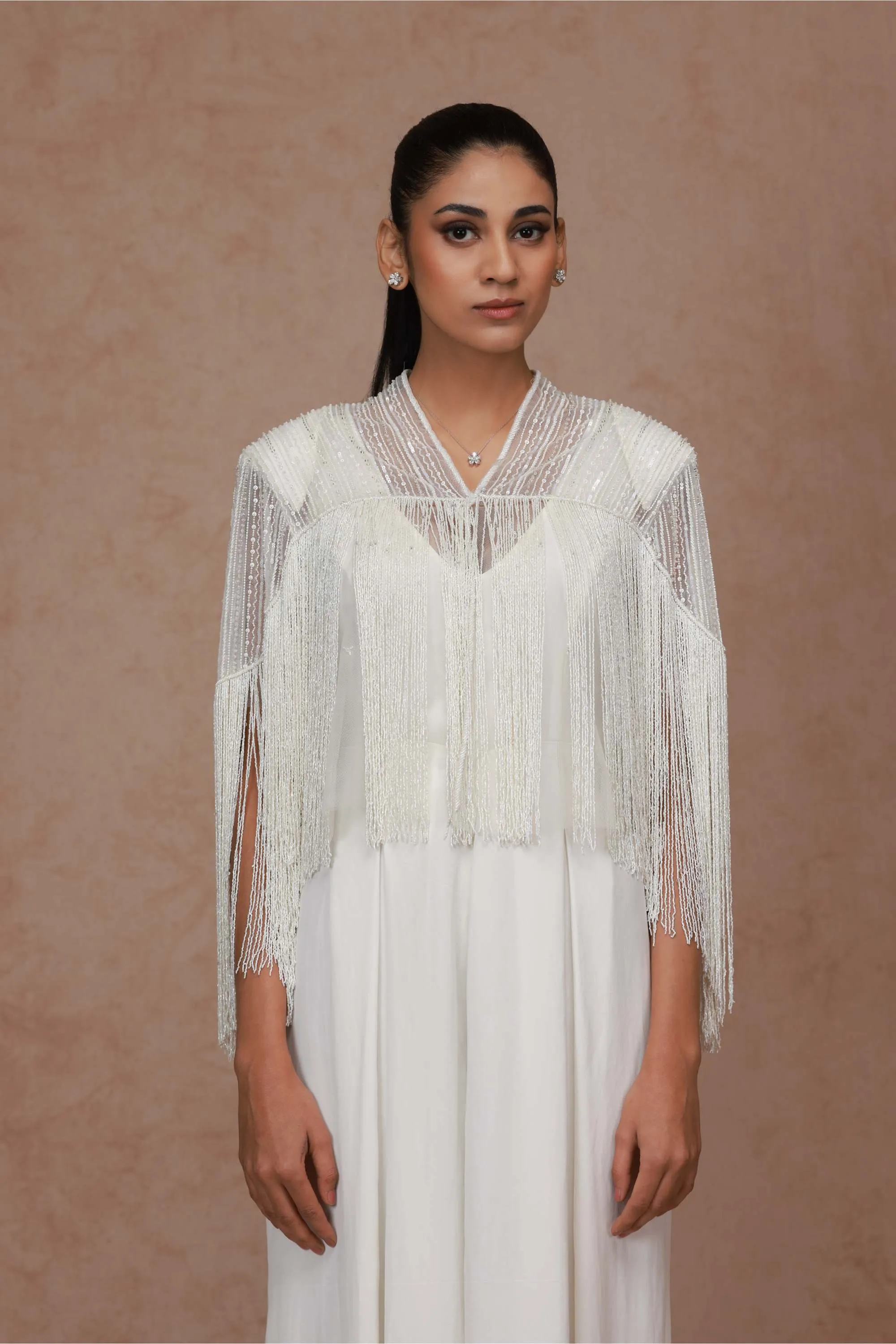 Ivory Fringe Capelet with Jumpsuit