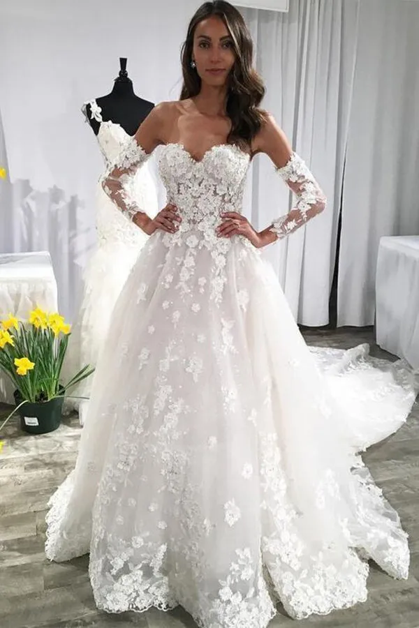 Ivory Lace Long Sleeves A-line Backless Wedding Dresses With Train, MW609