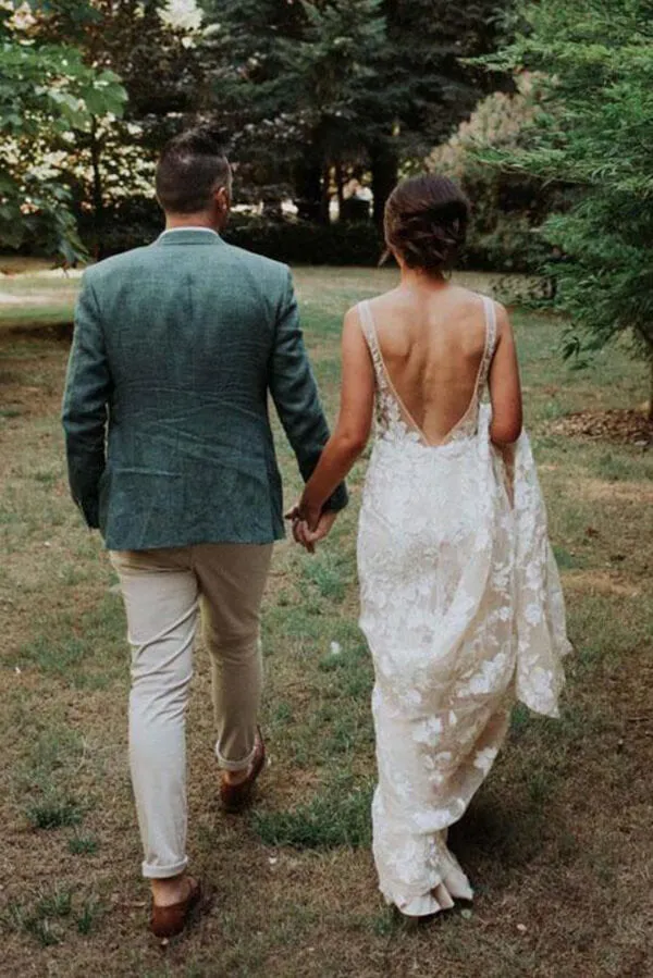 Ivory Lace Mermaid V-neck Beach Wedding Dresses, Appliqued Bridal Gown, MW616
