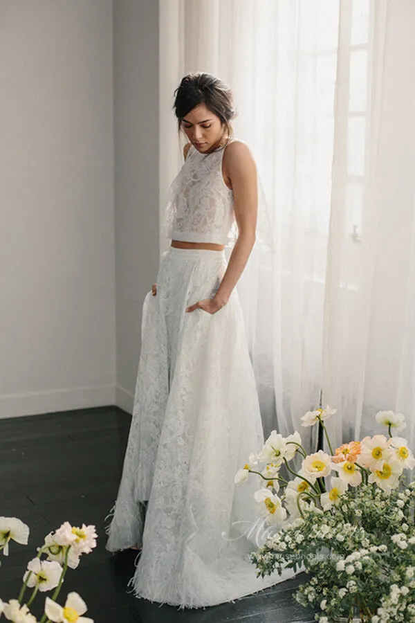 Ivory Lace Two Pieces Halter Open Back Wedding Dresses with Pockets, MW649