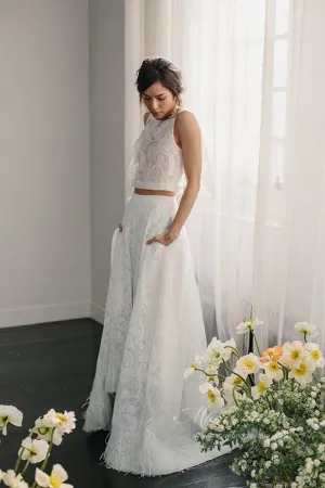 Ivory Lace Two Pieces Halter Open Back Wedding Dresses with Pockets, MW649
