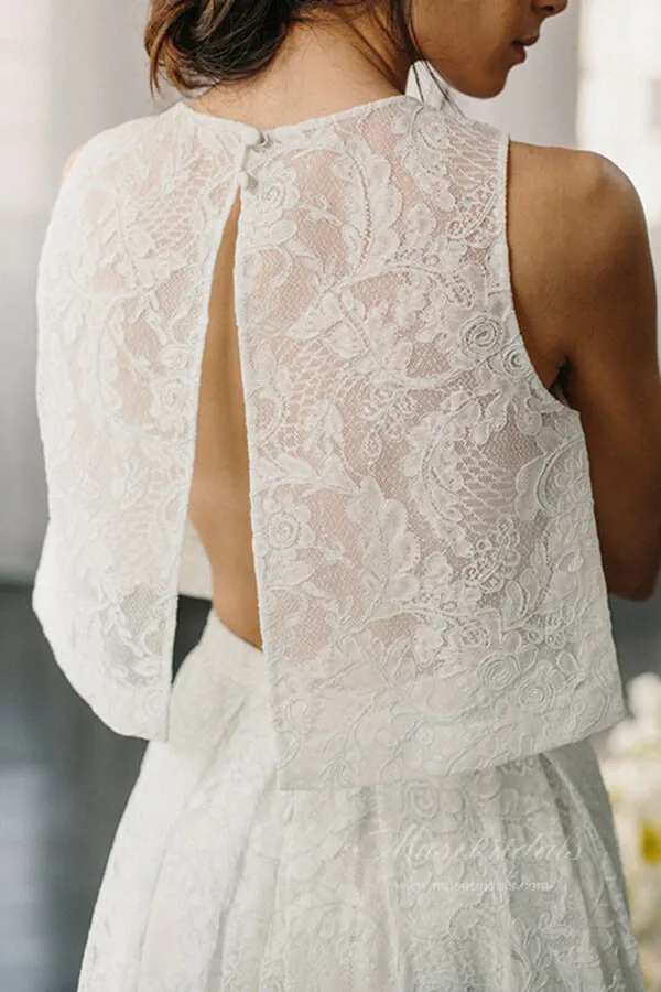 Ivory Lace Two Pieces Halter Open Back Wedding Dresses with Pockets, MW649