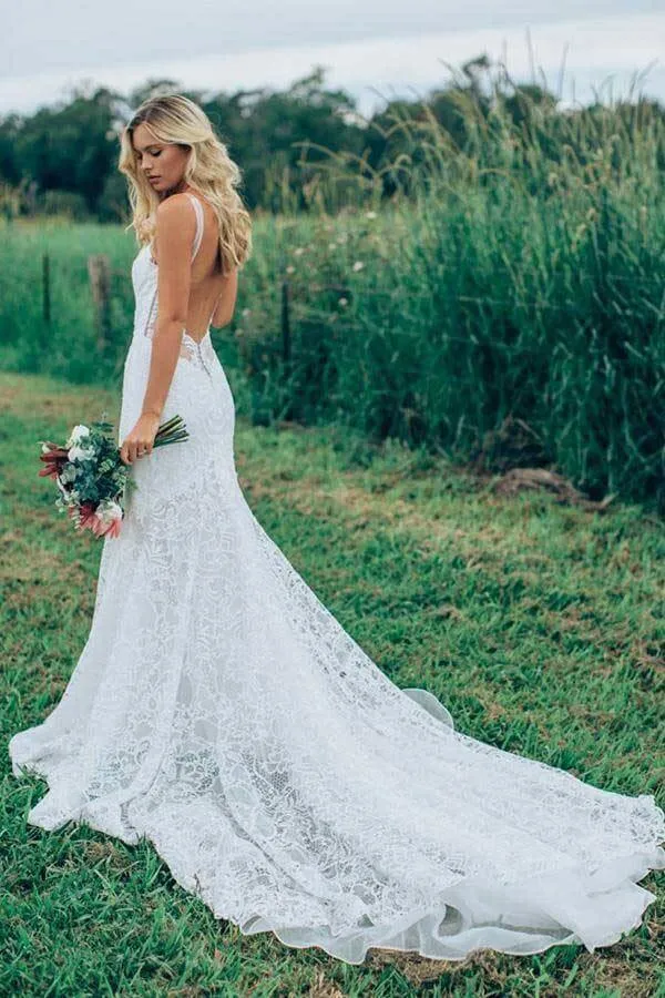 Ivory Mermaid Sweetheart Rustic Wedding Dresses, Lace Wedding Dresses, MW728