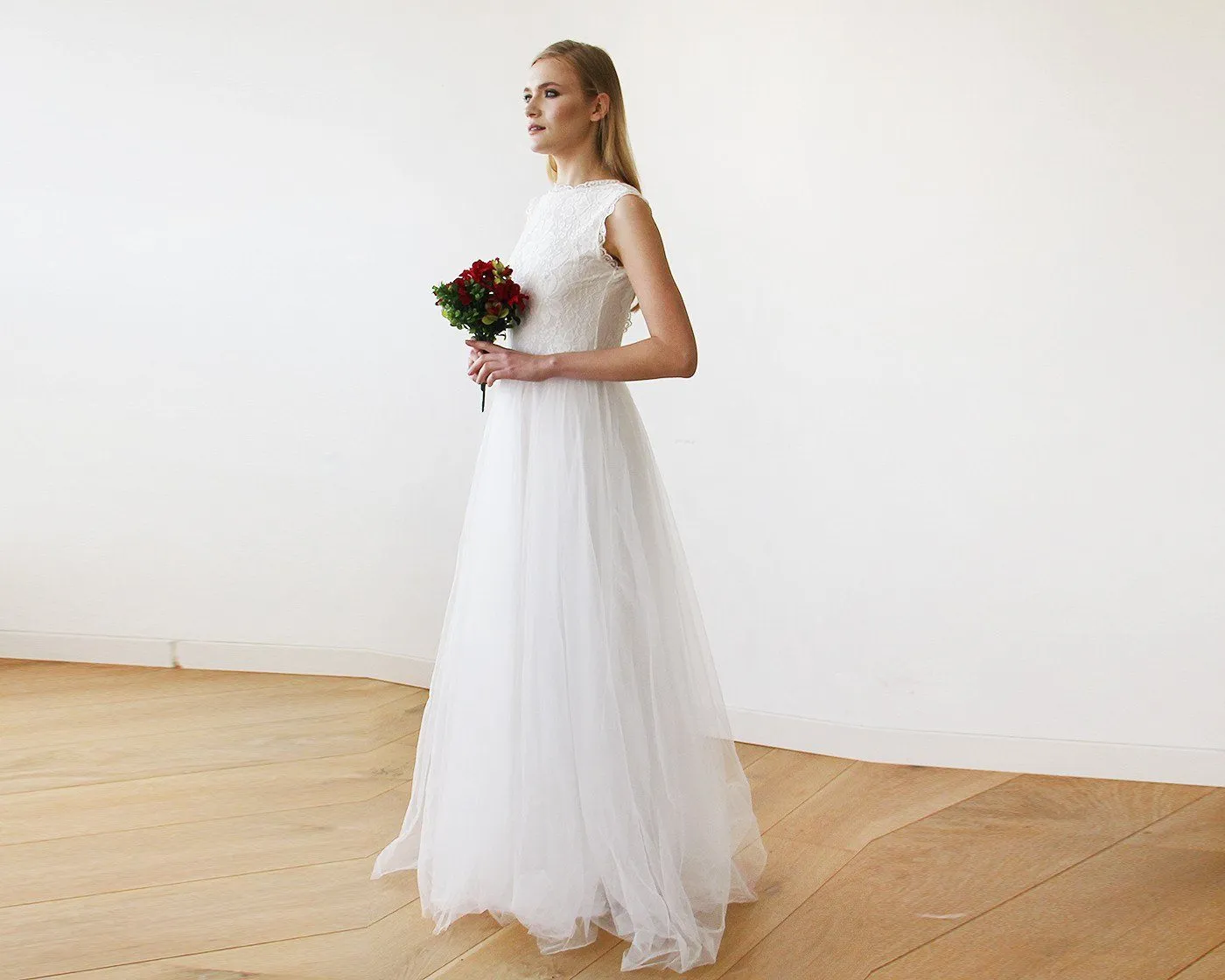 Ivory Tulle & Lace Sleeveless Maxi Dress #1145