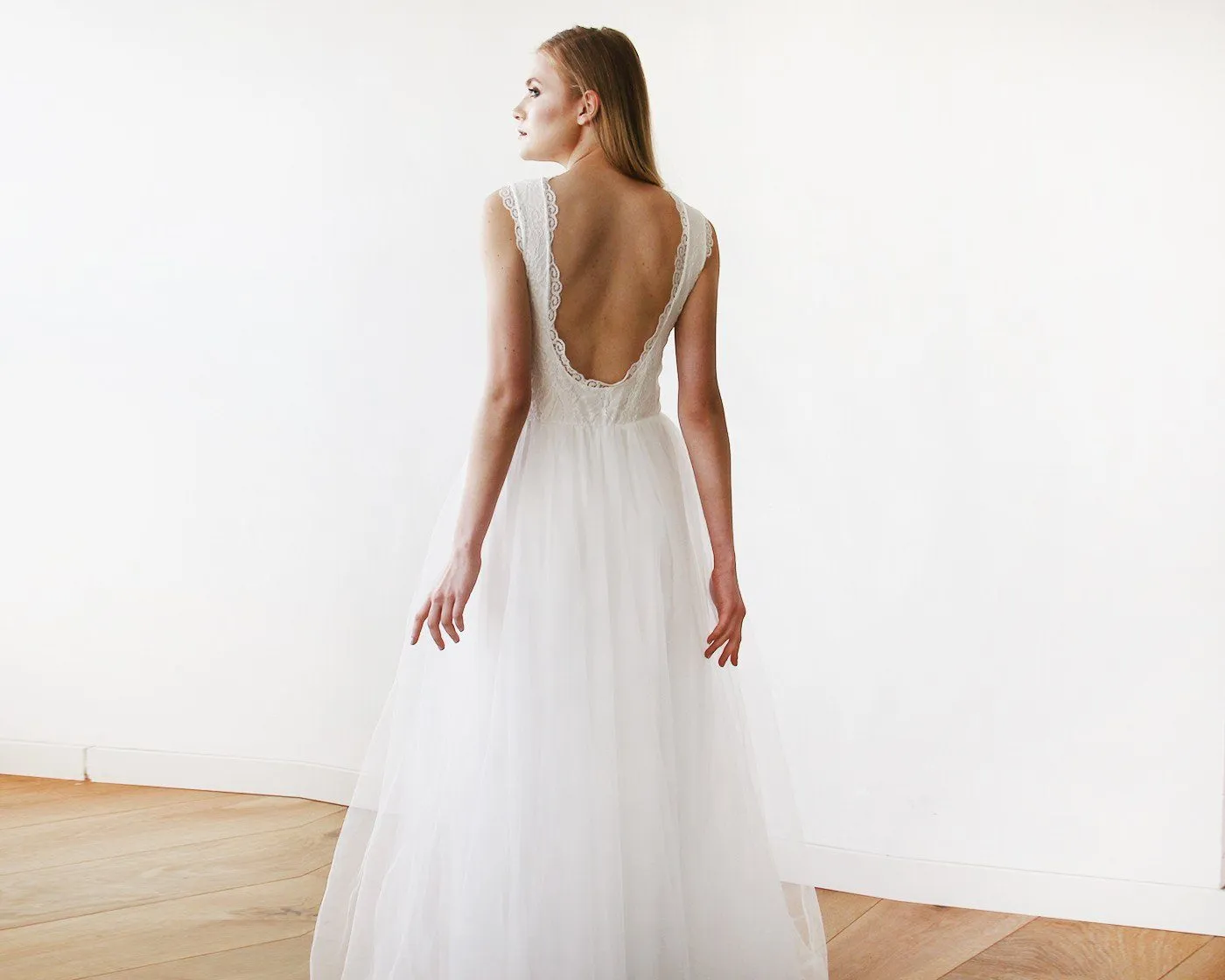 Ivory Tulle & Lace Sleeveless Maxi Dress #1145