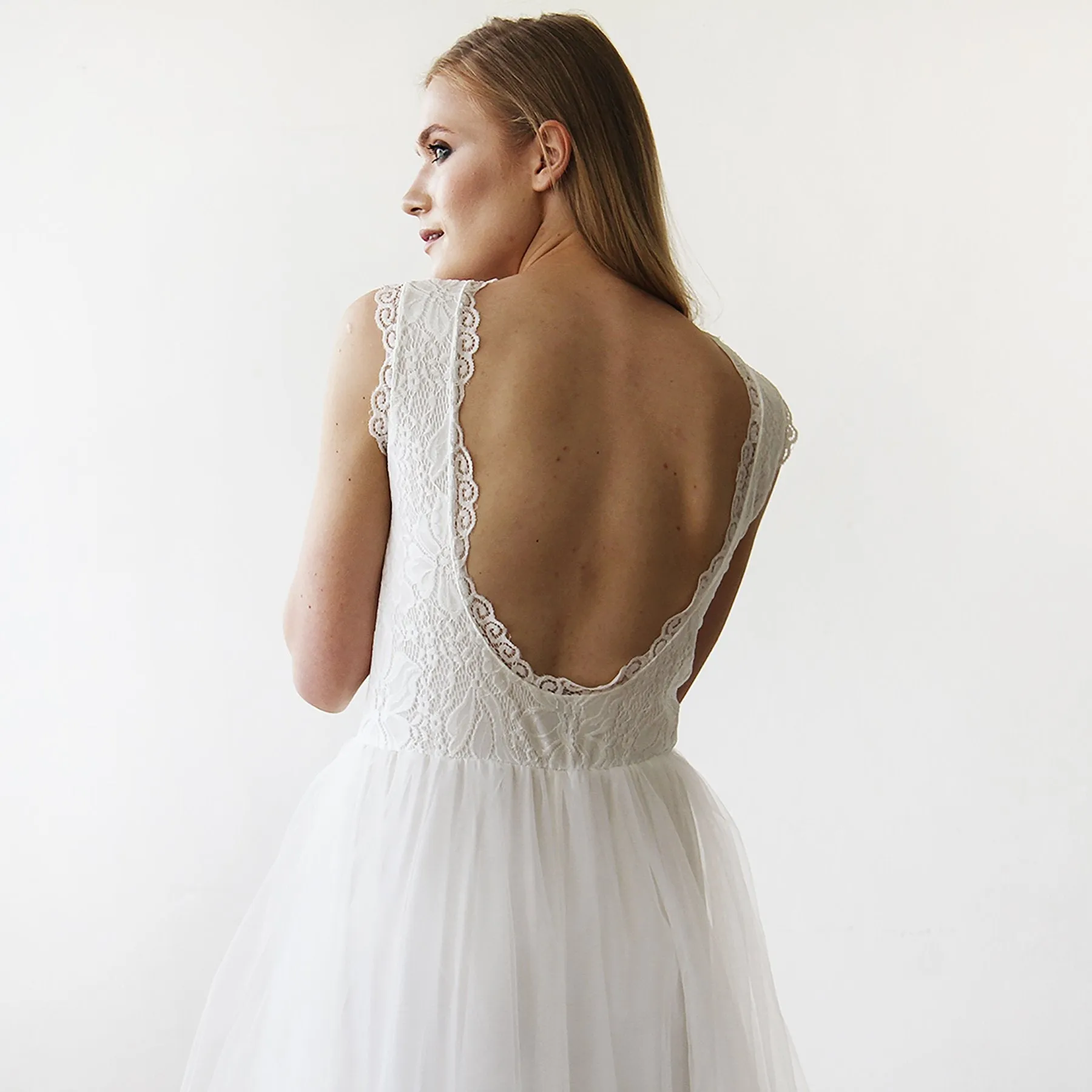 Ivory Tulle & Lace Sleeveless Maxi Dress #1145