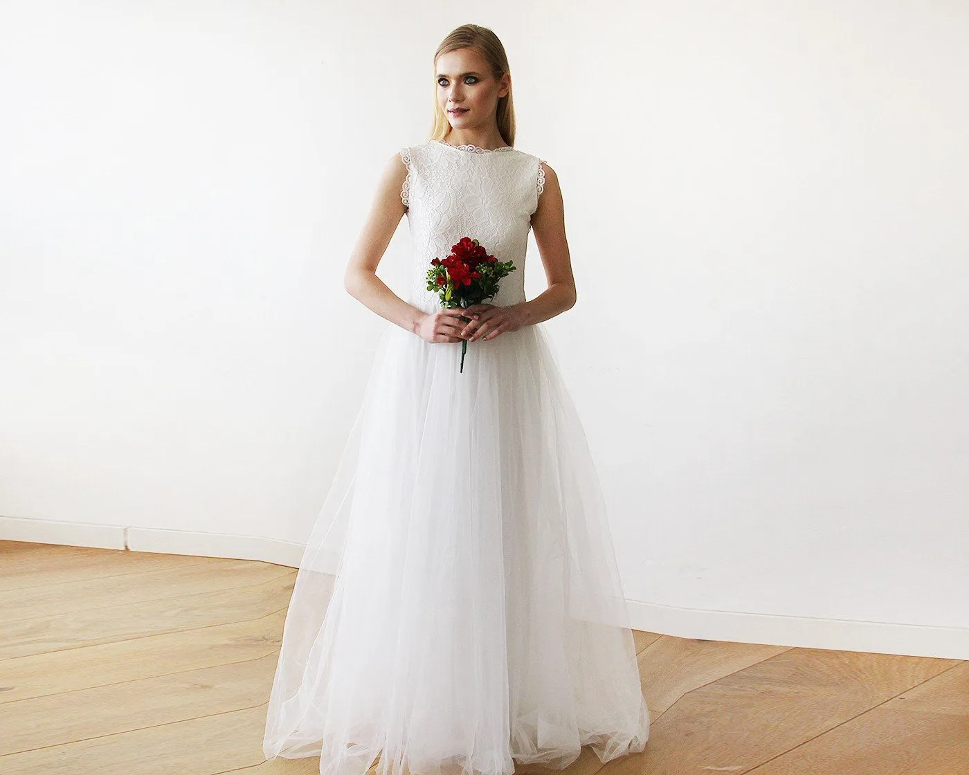 Ivory Tulle & Lace Sleeveless Maxi Dress #1145